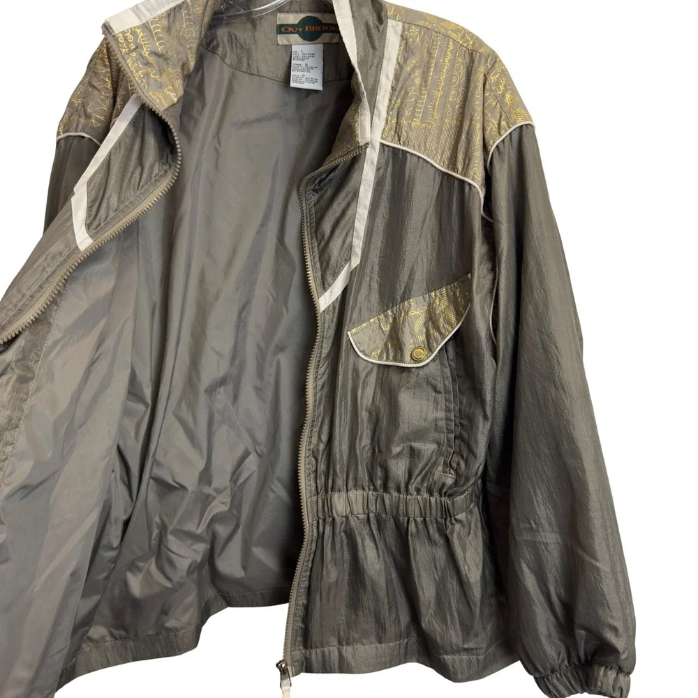 Out‎ Brook Vintage Windbreaker Jacket Olive Gold Graphic Zip Up Womens Large 80s